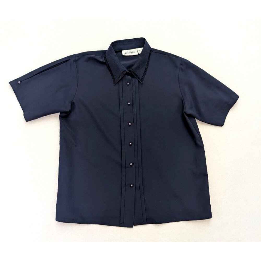 Yves St. Clair Vintage Women's Blouse Size Size 15 Blue Short Sleeve Button-Up